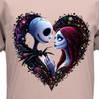 T-shirt with a heart design featuring a skeleton couple and decorative elements on a beige background.